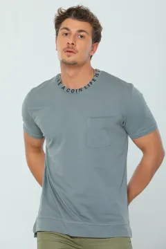 Erkek Oversize Likralı Yaka Baskılı T-shirt A.füme
