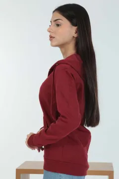 Kadın Likralı Kapüşonlu Slim Fit Basıc Sweatshirt Açık Bordo