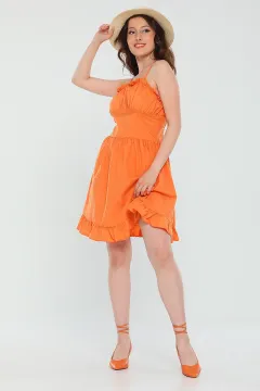 Kadın Ayarlanabilir İp Askılı Eteği Fırfırlı Yazlık Mini Elbise Açık Orange