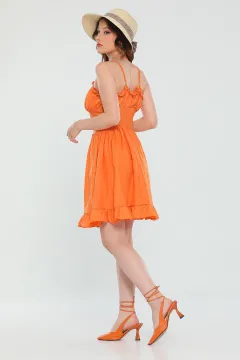 Kadın Ayarlanabilir İp Askılı Eteği Fırfırlı Yazlık Mini Elbise Açık Orange