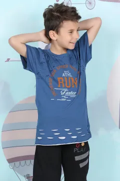 Alt Yırtıklı Erkek Çocuk T-shirt İndigo