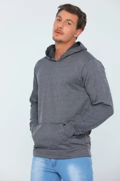 Erkek Kapüşonlu Kanguru Cep Basic Sweatshirt Antrasit