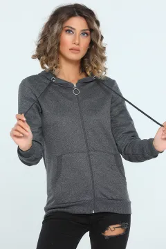 Kadın Kapüşonlu Fermuarlı Slim Fit Basic Sweatshirt Antrasit