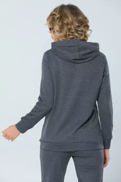 Kadın Likralı Kapüşonlu Basic Sweatshirt Antrasit