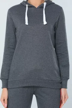 Kadın Likralı Kapüşonlu Basic Sweatshirt Antrasit