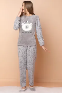 Babetli Peluş Pijama Takımı Gri