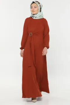 Bağlamalı Piliseli Elbise Kiremit