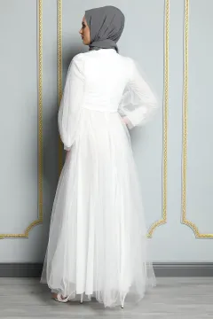 Balon Kol Taşlı Kemerli Abiye Elbise Beyaz