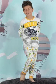 Baskılı Erkek Çocuk Pijama Takımı Hardal