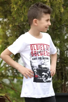 Erkek Çocuk Likralı Baskılı T-shirt Beyaz