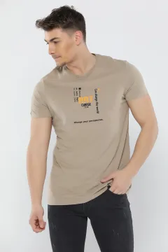 Baskılı Erkek T-shirt Açık Vizon