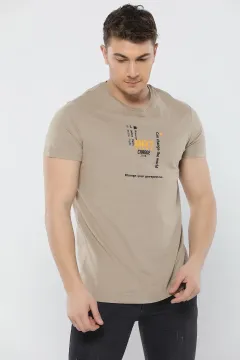 Baskılı Erkek T-shirt Açık Vizon