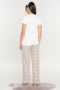 Baskılı Kadın Pijama Takımı Beyaz