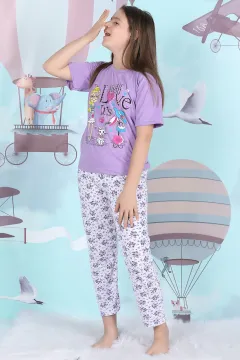 Baskılı Kız Çocuk Pijama Takımı Açıklila