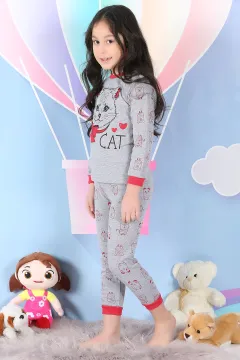 Baskılı Kız Çocuk Pijama Takımı Gri