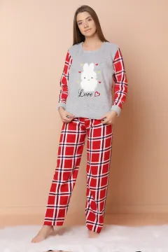 Baskılı Peluş Pijama Takımı Gri