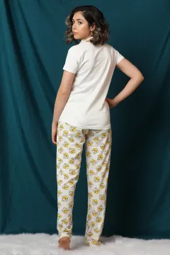 Baskılı Pijama Takımı Krem