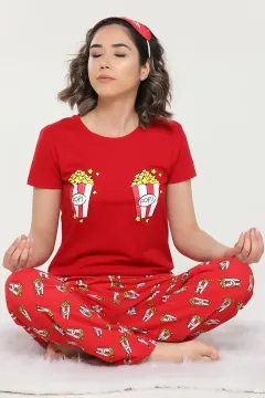 Baskılı Pijama Takımı Bordo