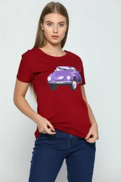 Vosvos Baskılı Sevgili Kombin Kadın T-shirt Bordo