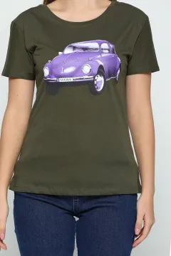Vosvos Baskılı Sevgili Kombin Kadın T-shirt Haki