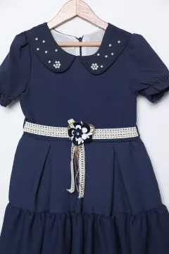 Bebe Yaka İnci İşlemeli Bel Kuşaklı Kız Çocuk Fırfırlı Elbise Lacivert