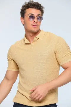 Erkek Likralı Polo Yaka Mevsimlik Triko T-shirt Bej