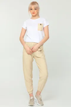 Kadın Bisiklet Yaka T-shirt Ayrobin Pantolon İkili Takım Bej