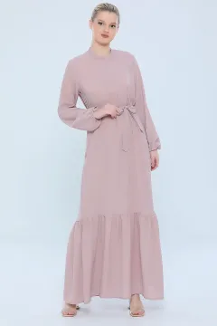 Kadın Kol Lastikli Eteği Katlı Uzun Elbise Bej