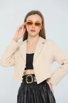 Kadın Kruvaze Yaka İç Astarlı Crop Blazer Ceket Bej