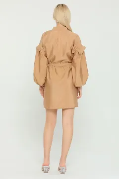 Kadın Oversize Bel Kol Bağlamalı Mini Elbise Bej