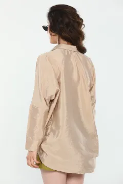 Kadın Oversize Uzun Kollu Ayrobin Gömlek Bej