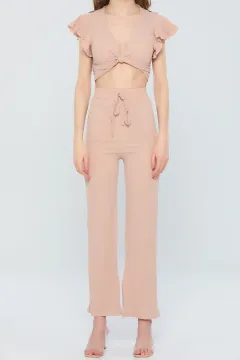 Kadın Yaka Dekolteli Crop Bluz Yüksek Bel Bol Paça Pantolon İkili Takım Bej
