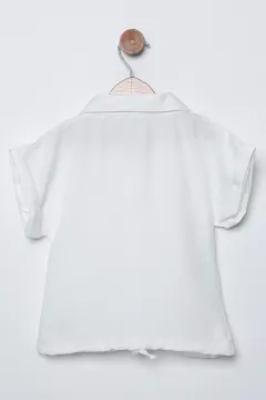 Bel Bağlamalı Işıltı Detaylı Kız Çocuk Keten Gömlek Beyaz