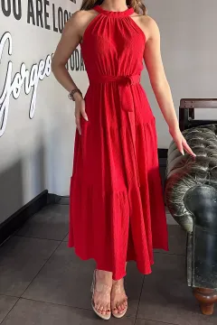 Bel Kuşak Detaylı Fırfırlı Yazlık Uzun Elbise Kırmızı