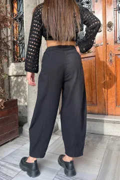 Bel Lastikli Çimalı Kadın Yüksek Bel Tarz Pantolon Siyah