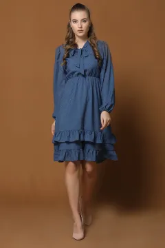 Eteği Fırfırlı Şifon Elbise İndigo