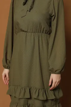 Eteği Fırfırlı Şifon Elbise Haki