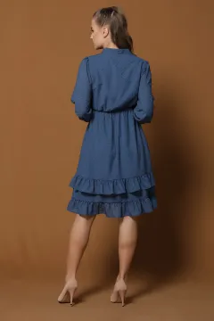 Eteği Fırfırlı Şifon Elbise İndigo
