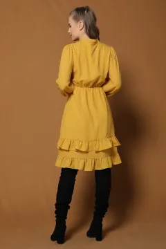 Eteği Fırfırlı Şifon Elbise Hardal
