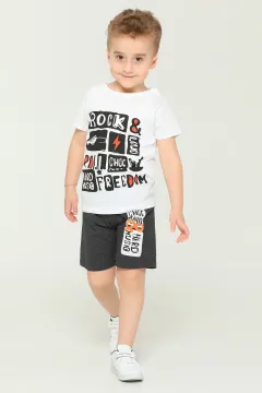 Erkek Çocuk Bisiklet Yaka Baskılı T-shirt Şort İkili Takım Beyaz