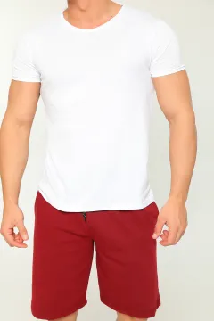 Erkek Likralı Bisiklet Yaka Basic T-shirt Şort İkili Takım Beyaz
