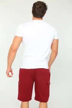 Erkek Likralı Bisiklet Yaka Basic T-shirt Kargo Cepli Şort İkili Takım Beyaz