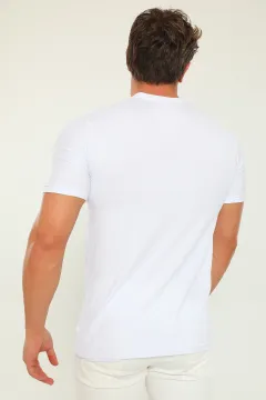 Erkek Full Likralı Bisiklet Yaka Baskılı T-shirt Beyaz