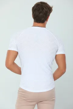 Erkek Likralı Bisiklet Yaka Kendinden Desenli T-shirt Beyaz