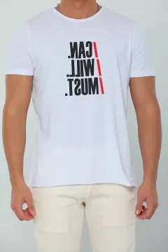 Erkek Likralı Bisiklet Yaka Yazı Baskılı T-shirt Beyaz