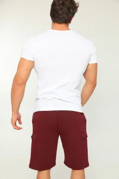 Erkek Likralı V Yaka Basic T-shirt Kargo Cepli Şort İkili Takım Beyaz