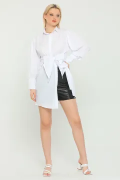 Kadın Balon Kol Geniş Manşetli Gömlek Tunik Beyaz
