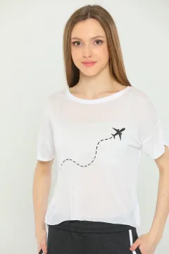 Kadın Duble Kol Baskılı Crop T-shirt Beyaz