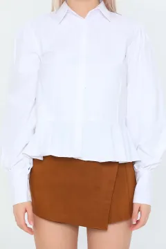 Kadın Eteği Volanlı Slim Fit Kısa Gömlek Beyaz