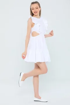 Kadın Fırfırlı Bel Dekolteli Mini Elbise Beyaz